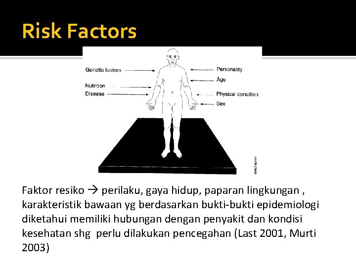 Risk Factors Faktor resiko perilaku, gaya hidup, paparan lingkungan , karakteristik bawaan yg berdasarkan