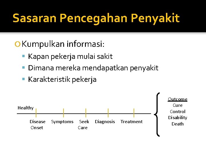 Sasaran Pencegahan Penyakit Kumpulkan informasi: Kapan pekerja mulai sakit Dimana mereka mendapatkan penyakit Karakteristik
