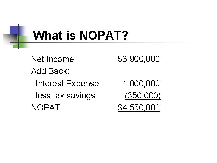 What is NOPAT? Net Income Add Back: Interest Expense less tax savings NOPAT $3,