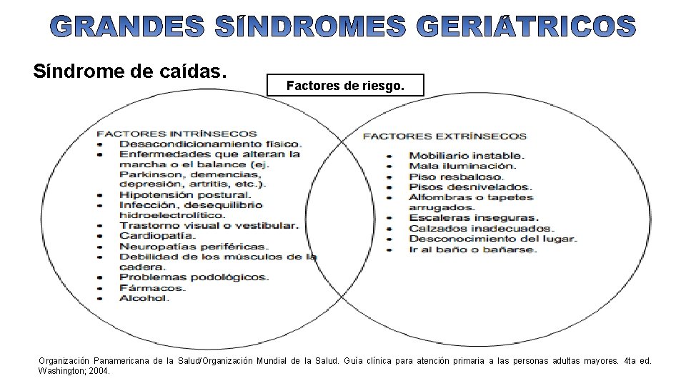 Síndrome de caídas. Factores de riesgo. Organización Panamericana de la Salud/Organización Mundial de la