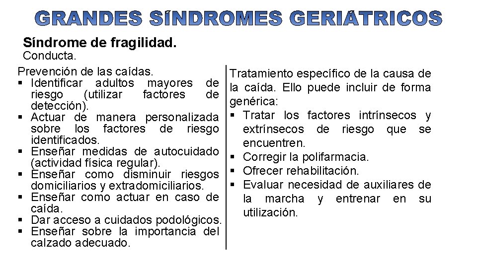 Síndrome de fragilidad. Conducta. Prevención de las caídas. Identificar adultos mayores de riesgo (utilizar