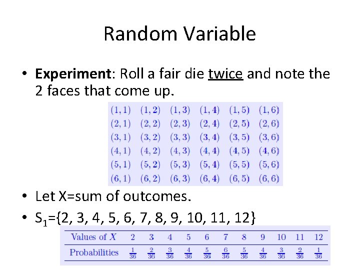 Random Variable • Experiment: Roll a fair die twice and note the 2 faces