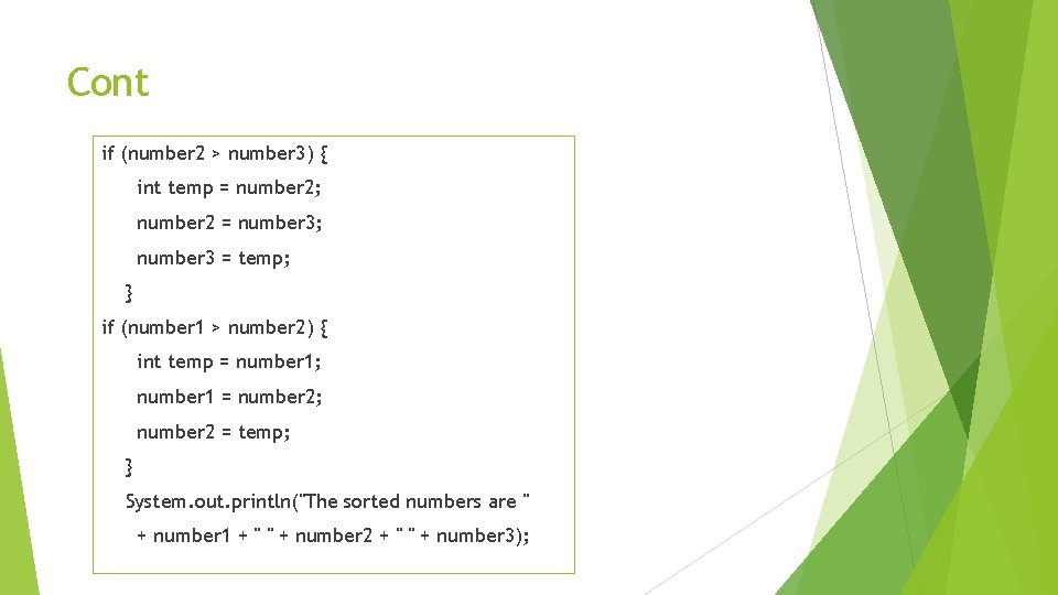 Cont if (number 2 > number 3) { int temp = number 2; number