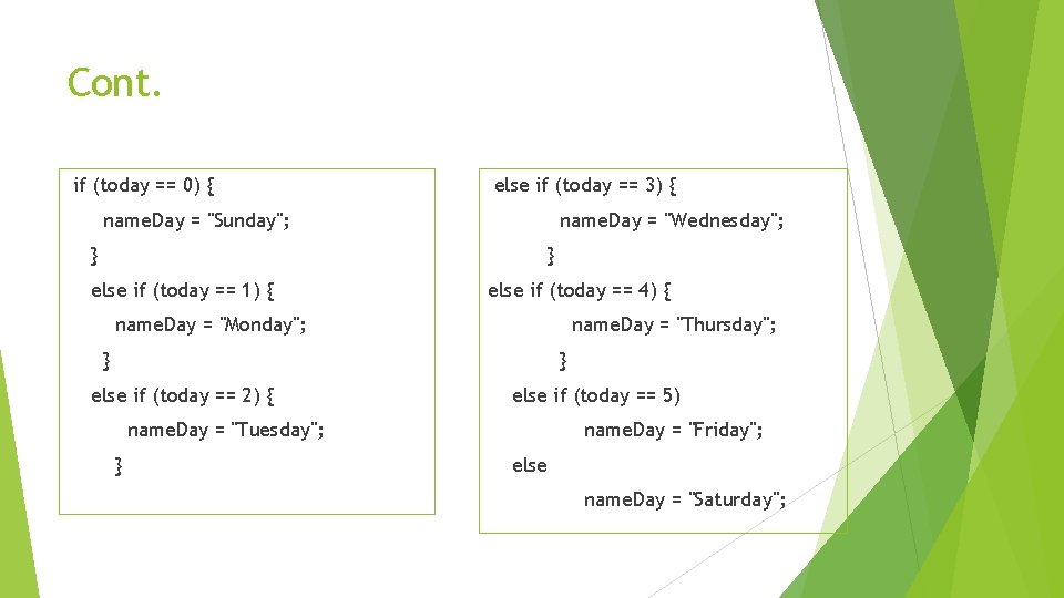 Cont. if (today == 0) { else if (today == 3) { name. Day
