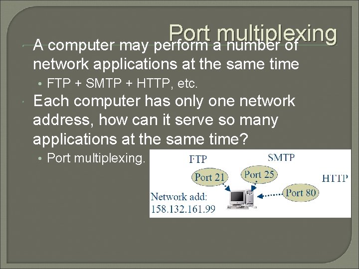  Port multiplexing A computer may perform a number of network applications at the