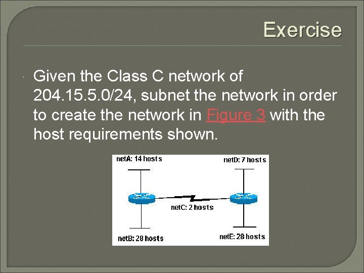 Exercise Given the Class C network of 204. 15. 5. 0/24, subnet the network