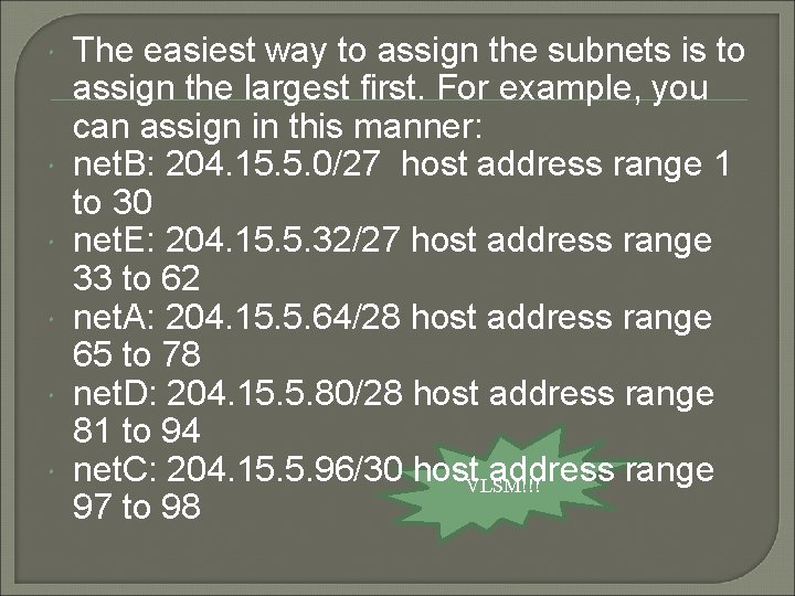  The easiest way to assign the subnets is to assign the largest first.