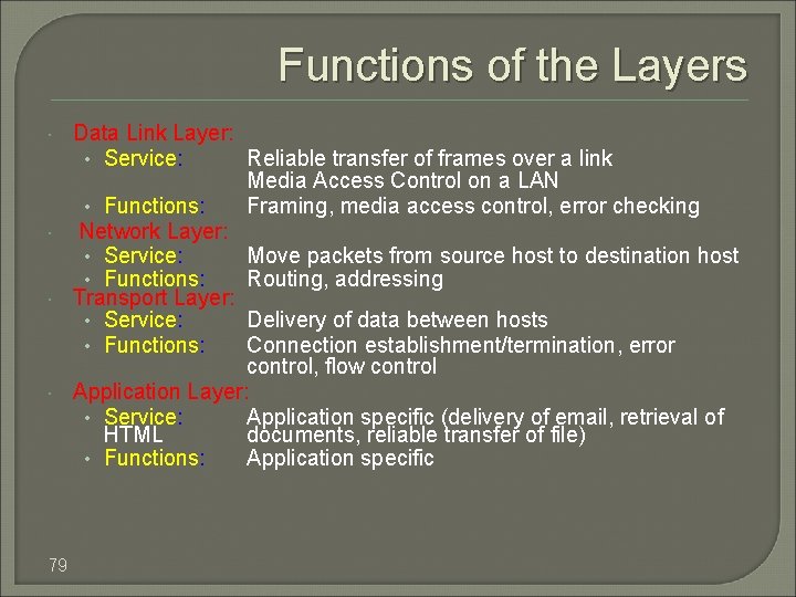 Functions of the Layers 79 Data Link Layer: • Service: Reliable transfer of frames