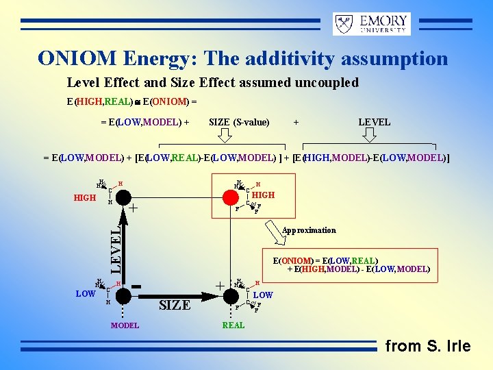 ONIOM Energy: The additivity assumption Level Effect and Size Effect assumed uncoupled E(HIGH, REAL)