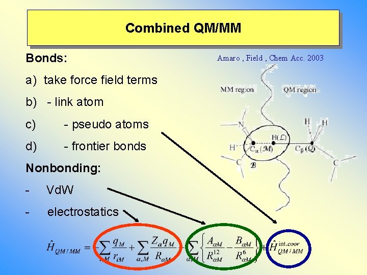 Combined QM/MM Bonds: a) take force field terms b) - link atom c) -