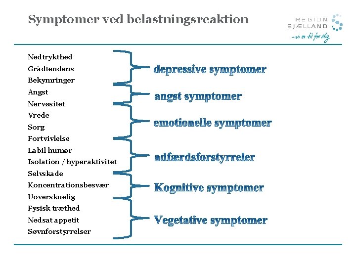 Symptomer ved belastningsreaktion Nedtrykthed Grådtendens Bekymringer Angst Nervøsitet Vrede Sorg Fortvivlelse Labil humør Isolation