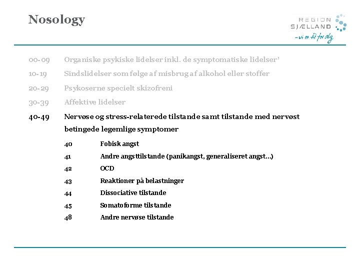 Nosology 00 -09 Organiske psykiske lidelser inkl. de symptomatiske lidelser’ 10 -19 Sindslidelser som