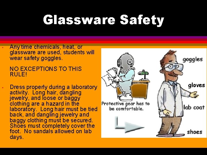 Glassware Safety • Any time chemicals, heat, or glassware used, students will wear safety