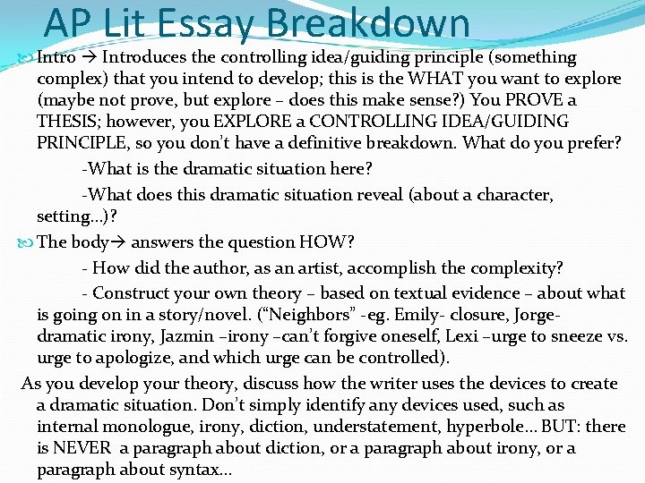 AP Lit Essay Breakdown Introduces the controlling idea/guiding principle (something complex) that you intend