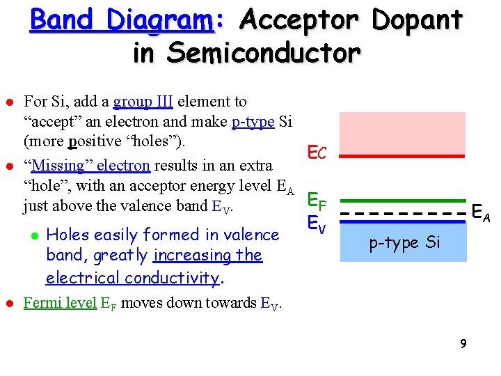 Band Diagram: Acceptor Dopant in Semiconductor l l For Si, add a group III