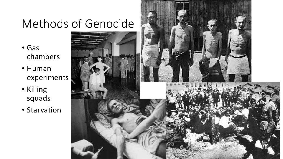 Methods of Genocide • Gas chambers • Human experiments • Killing squads • Starvation