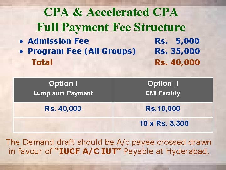 CPA & Accelerated CPA Full Payment Fee Structure • Admission Fee • Program Fee