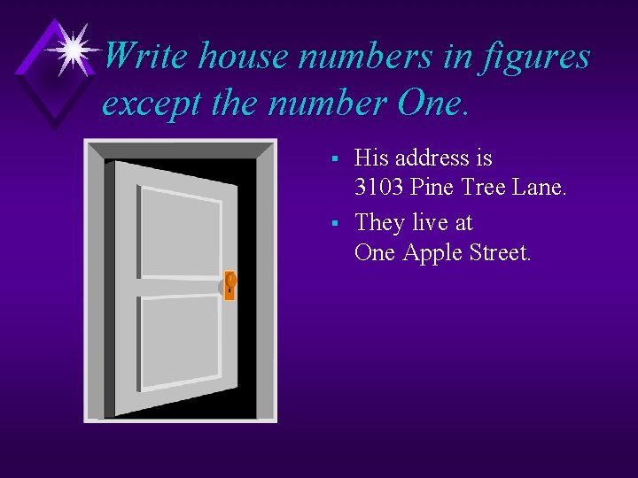 Write house numbers in figures except the number One. § § His address is