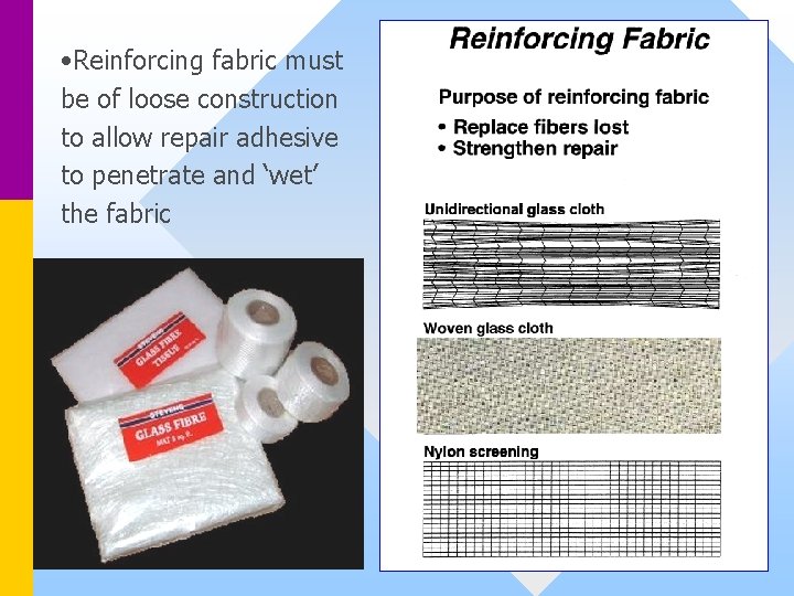  • Reinforcing fabric must be of loose construction to allow repair adhesive to