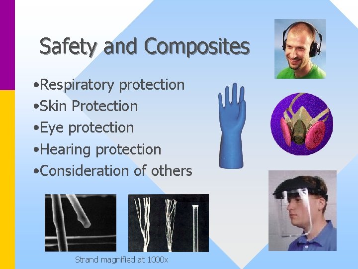 Safety and Composites • Respiratory protection • Skin Protection • Eye protection • Hearing