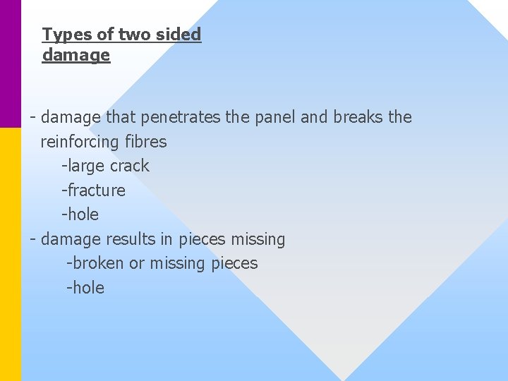 Types of two sided damage - damage that penetrates the panel and breaks the