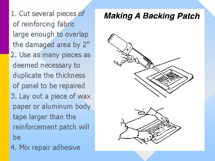 1. Cut several pieces of of reinforcing fabric large enough to overlap the damaged