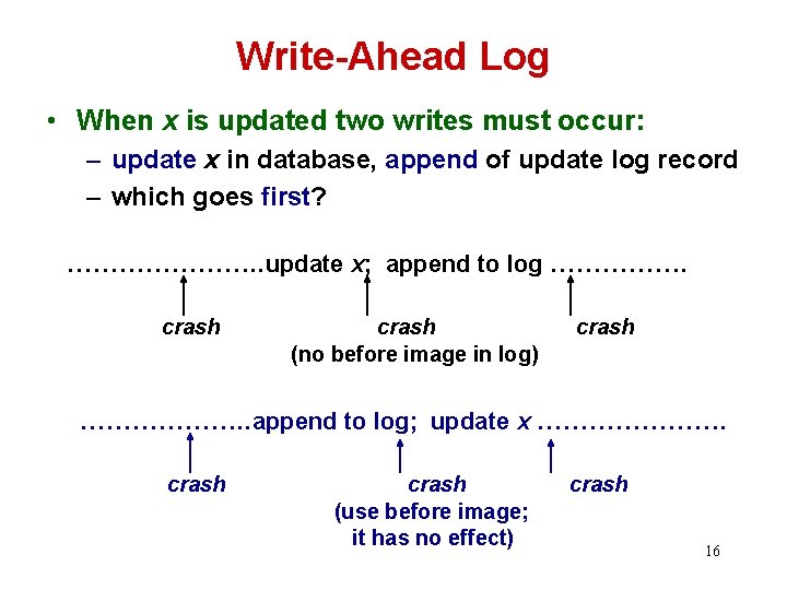 Write-Ahead Log • When x is updated two writes must occur: – update x