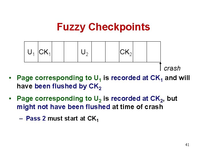 Fuzzy Checkpoints U 1 CK 1 U 2 CK 2 crash • Page corresponding