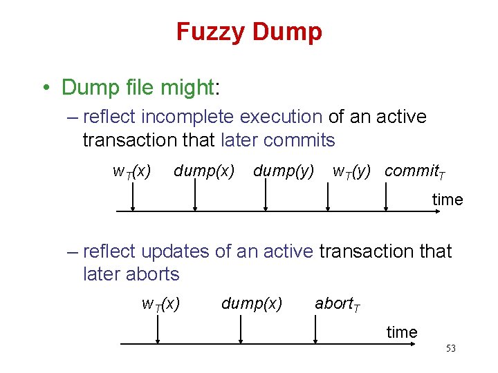 Fuzzy Dump • Dump file might: – reflect incomplete execution of an active transaction