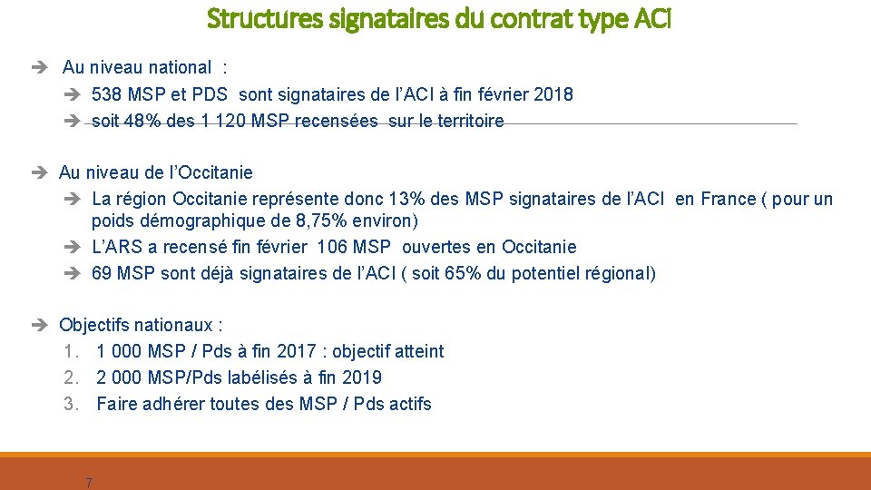 Structures signataires du contrat type ACI è Au niveau national : è 538 MSP