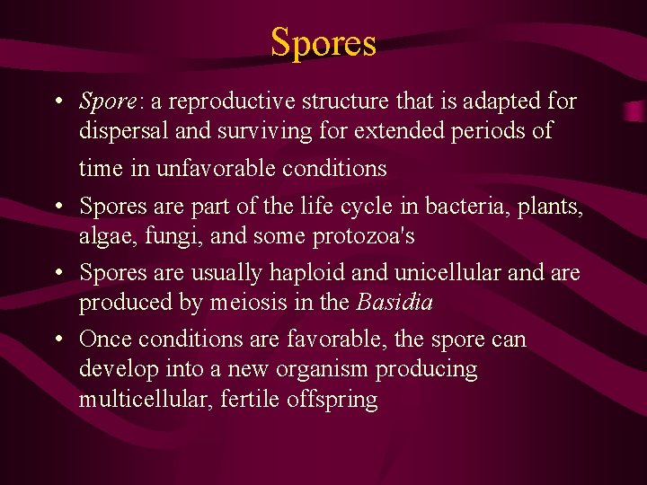 Spores • Spore: a reproductive structure that is adapted for dispersal and surviving for