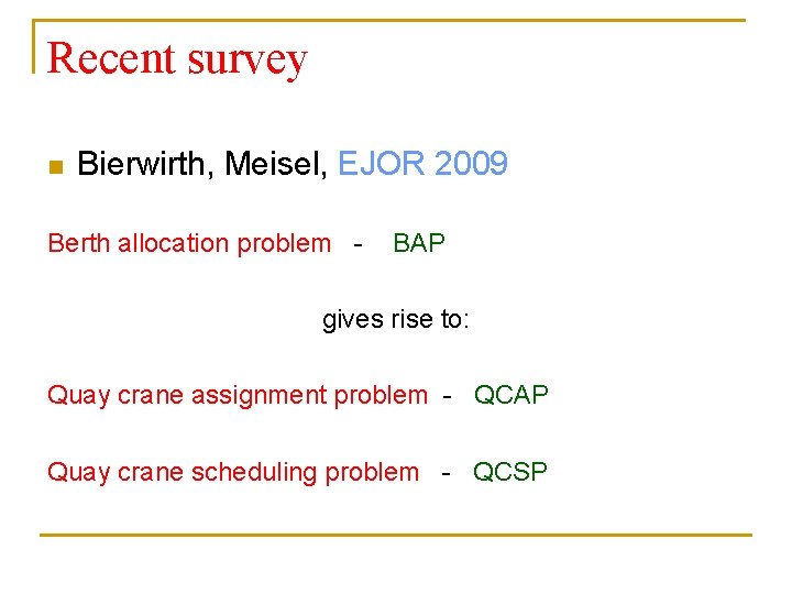 Recent survey n Bierwirth, Meisel, EJOR 2009 Berth allocation problem - BAP gives rise