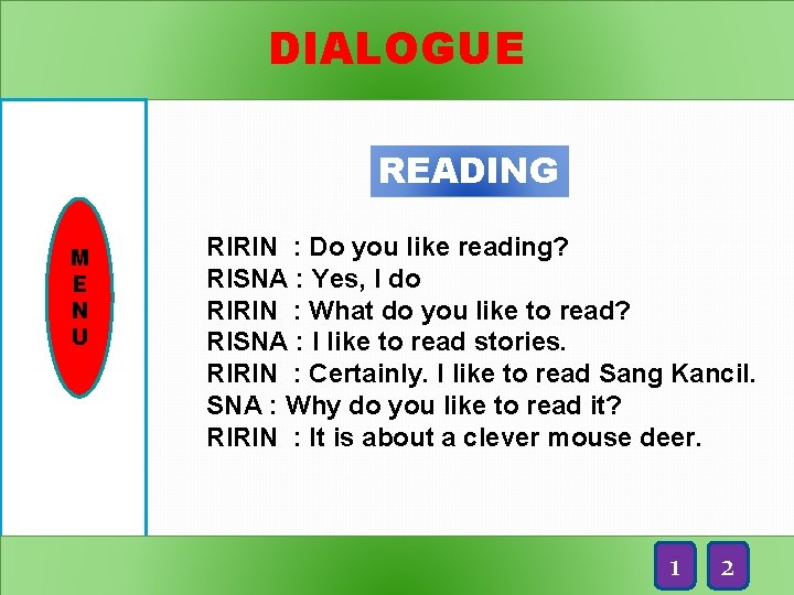 DIALOGUE READING M E N U RIRIN : Do you like reading? RISNA :