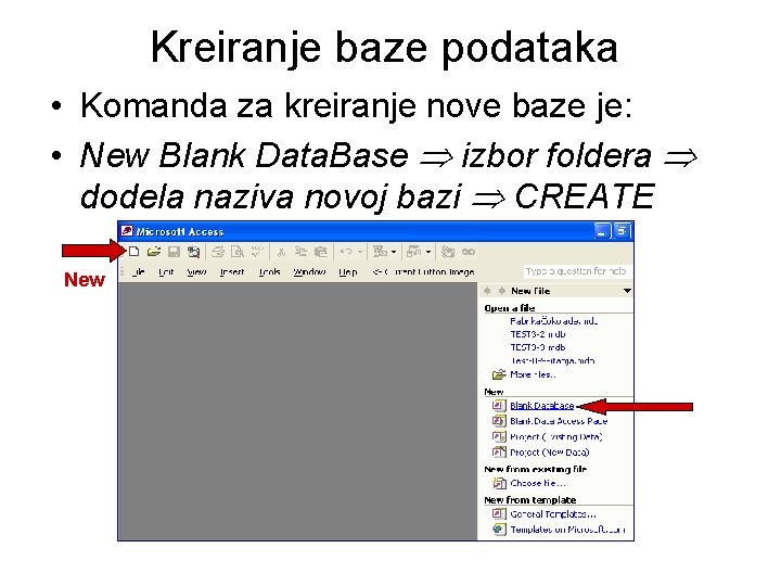 Kreiranje baze podataka • Komanda za kreiranje nove baze je: • New Blank Data.