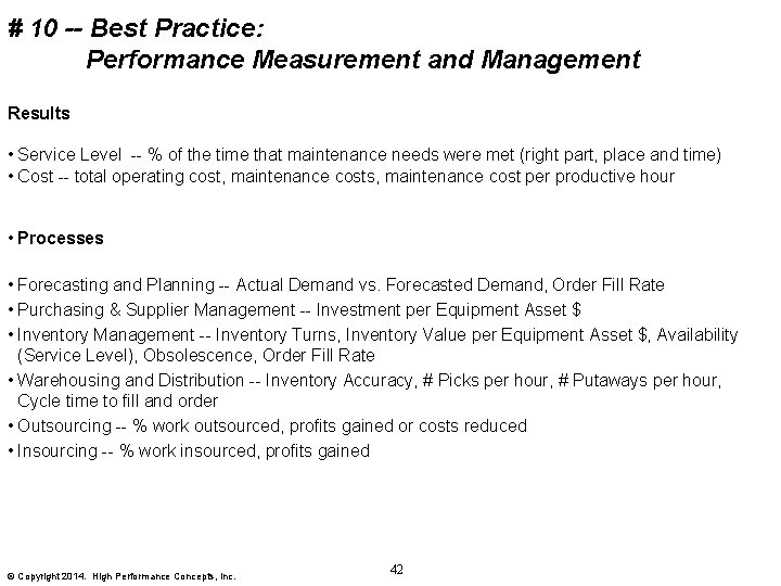 # 10 -- Best Practice: Performance Measurement and Management Results • Service Level --