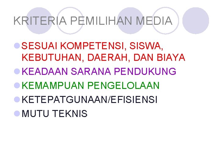 KRITERIA PEMILIHAN MEDIA l SESUAI KOMPETENSI, SISWA, KEBUTUHAN, DAERAH, DAN BIAYA l KEADAAN SARANA