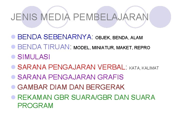 JENIS MEDIA PEMBELAJARAN l BENDA SEBENARNYA: OBJEK, BENDA, ALAM l BENDA TIRUAN: MODEL, MINIATUR,