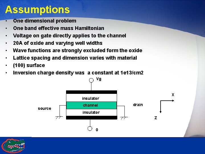 Assumptions • • One dimensional problem One band effective mass Hamiltonian Voltage on gate