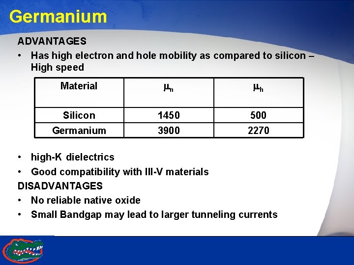 Germanium ADVANTAGES • Has high electron and hole mobility as compared to silicon –