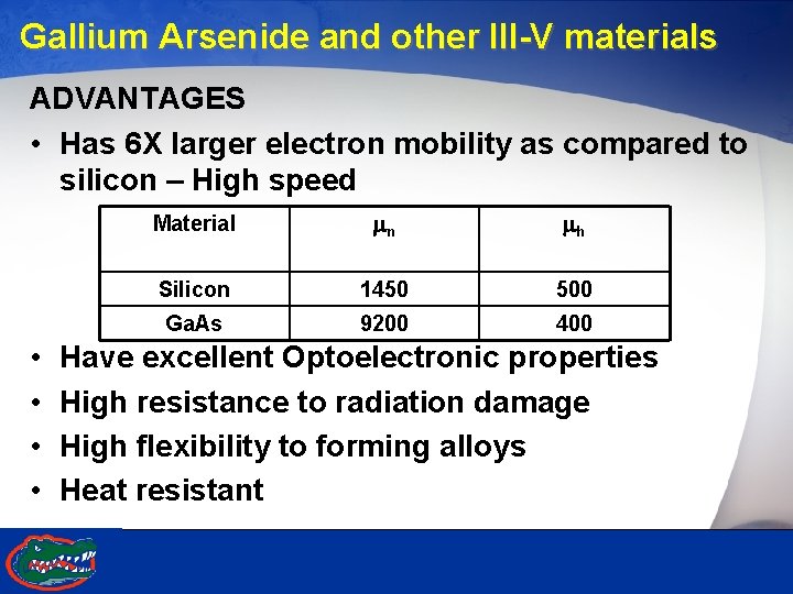 Gallium Arsenide and other III-V materials ADVANTAGES • Has 6 X larger electron mobility