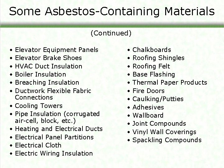 Some Asbestos-Containing Materials (Continued) • • • Elevator Equipment Panels Elevator Brake Shoes HVAC