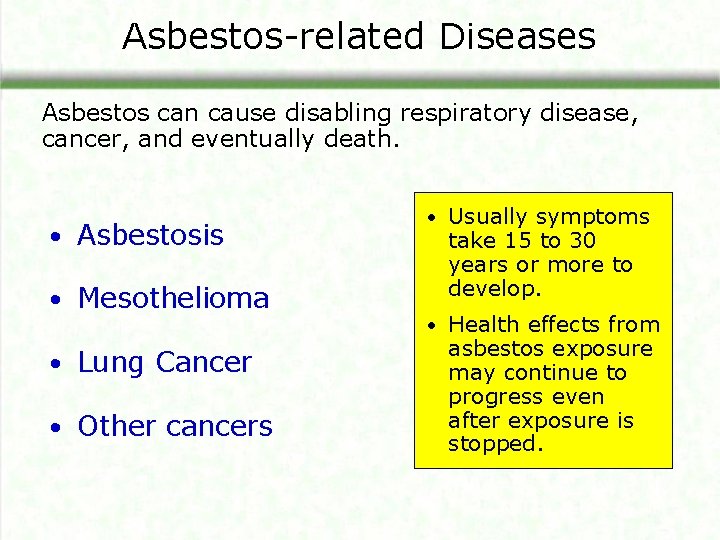 Asbestos-related Diseases Asbestos can cause disabling respiratory disease, cancer, and eventually death. • Asbestosis