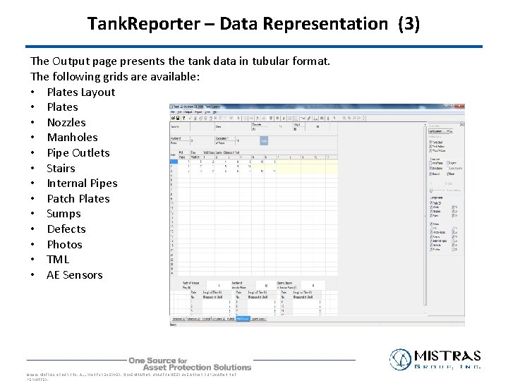 Tank. Reporter – Data Representation (3) The Output page presents the tank data in