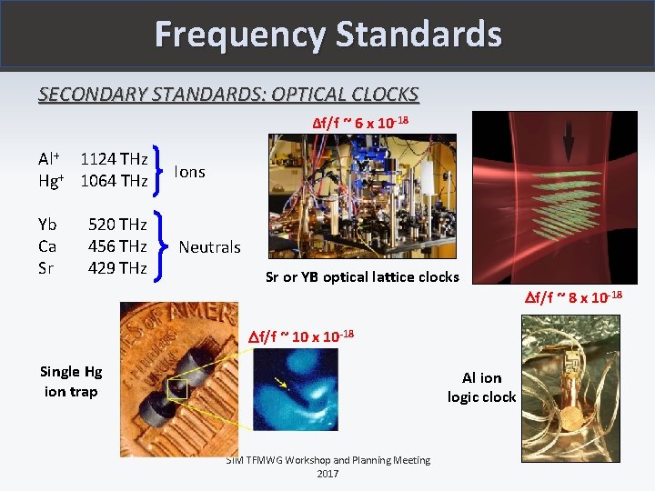 Frequency Standards SECONDARY STANDARDS: OPTICAL CLOCKS Δf/f ~ 6 x 10 -18 Al+ 1124