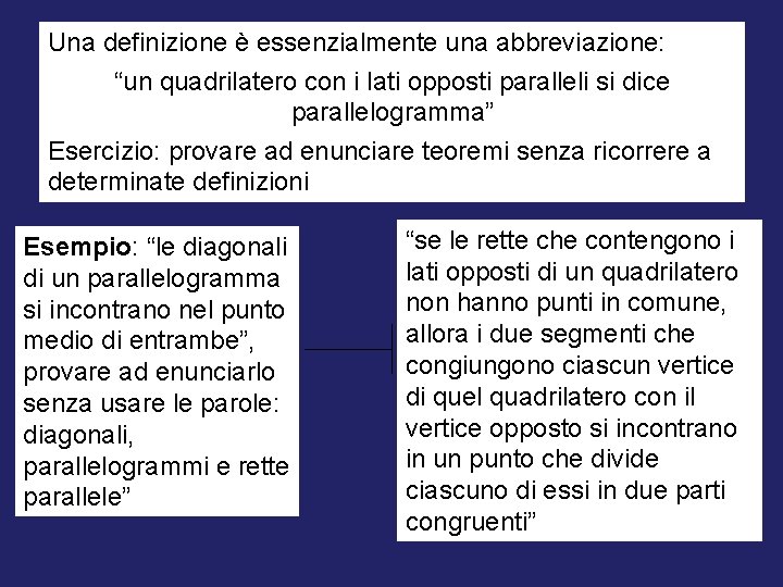 Una definizione è essenzialmente una abbreviazione: “un quadrilatero con i lati opposti paralleli si