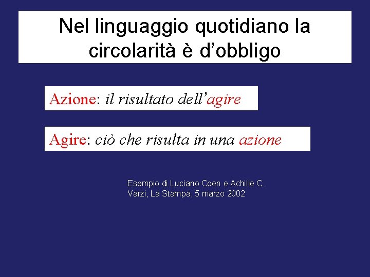 Nel linguaggio quotidiano la circolarità è d’obbligo Azione: il risultato dell’agire Agire: ciò che