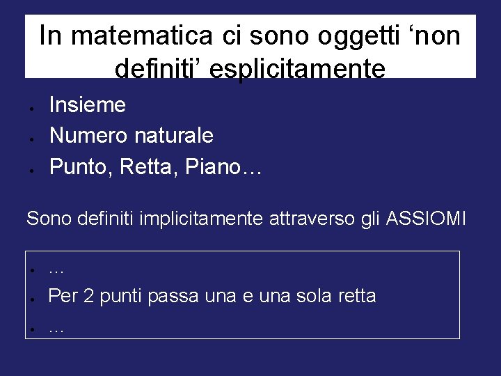 In matematica ci sono oggetti ‘non definiti’ esplicitamente Insieme Numero naturale Punto, Retta, Piano…