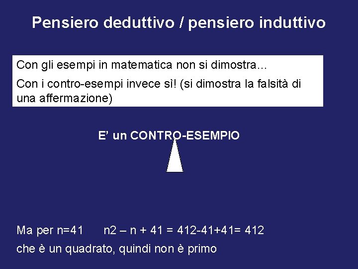 Pensiero deduttivo / pensiero induttivo Con gli esempi in matematica non si dimostra… Con