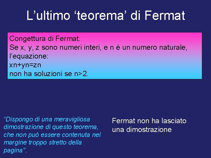 L’ultimo ‘teorema’ di Fermat Congettura di Fermat: Teorema di Fermat: Se x, y, z