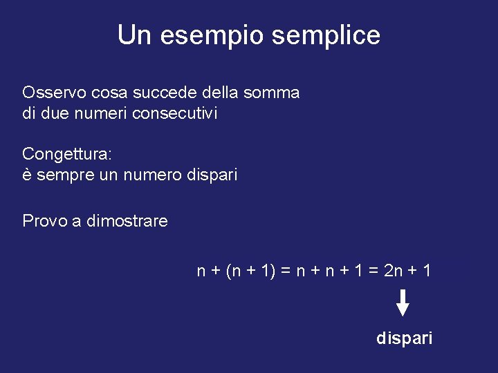 Un esempio semplice Osservo cosa succede della somma di due numeri consecutivi Congettura: è